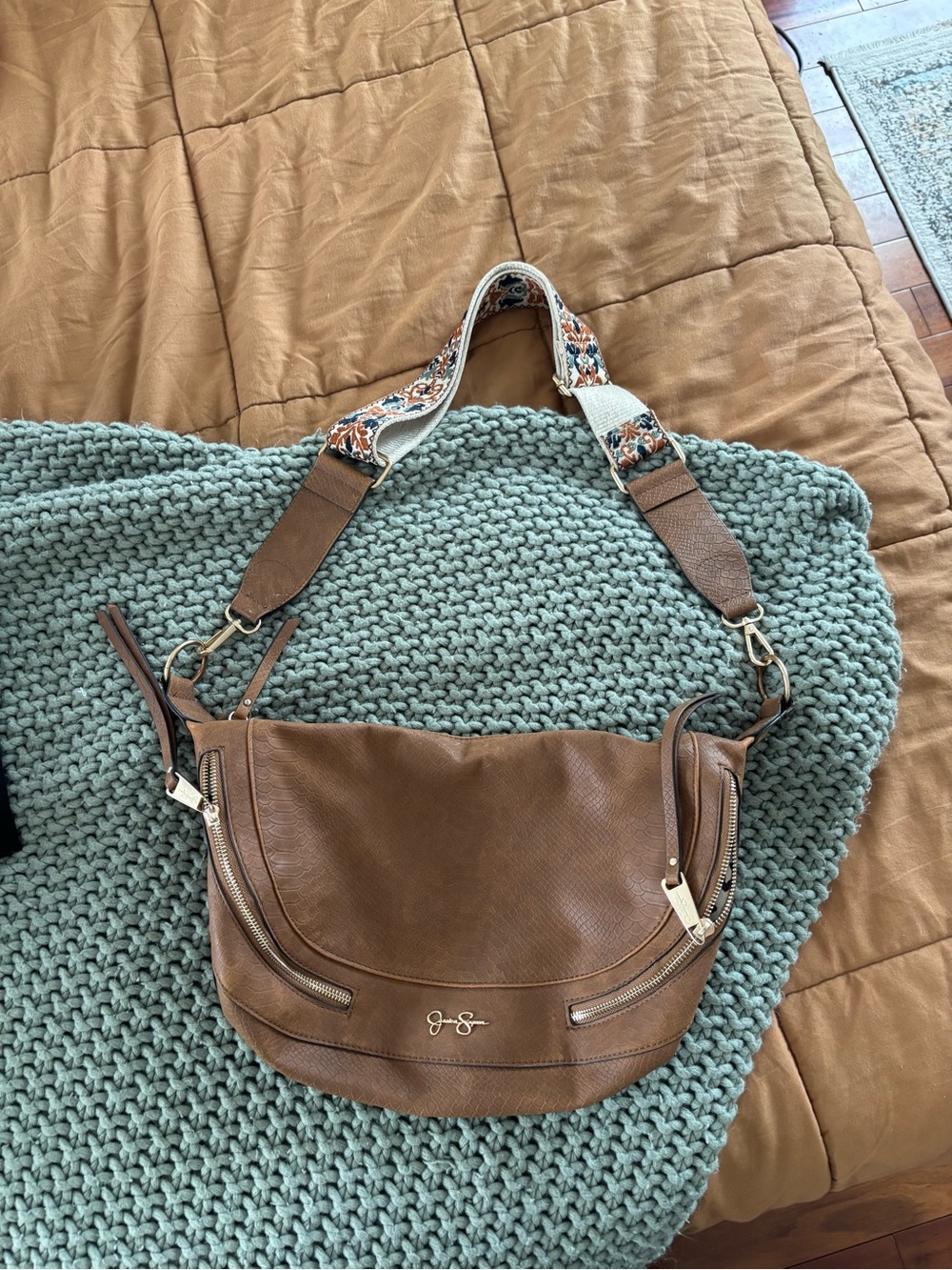 jessica simpson faux leather crossbody with embroidered strap